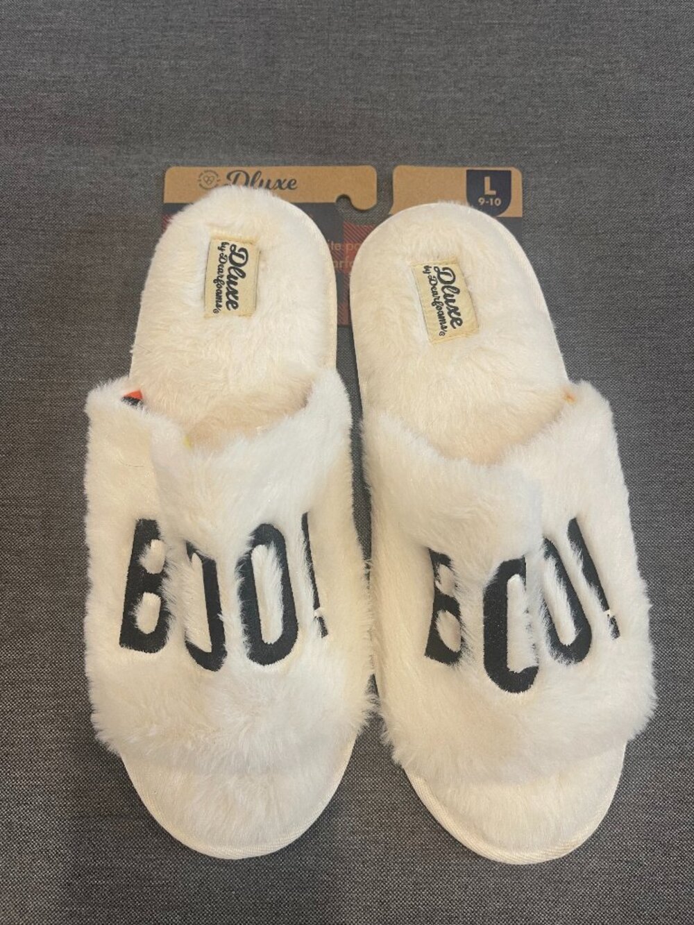 Dearfoams Women's White Faux Fur BOO! Slippers, size L (9-10)